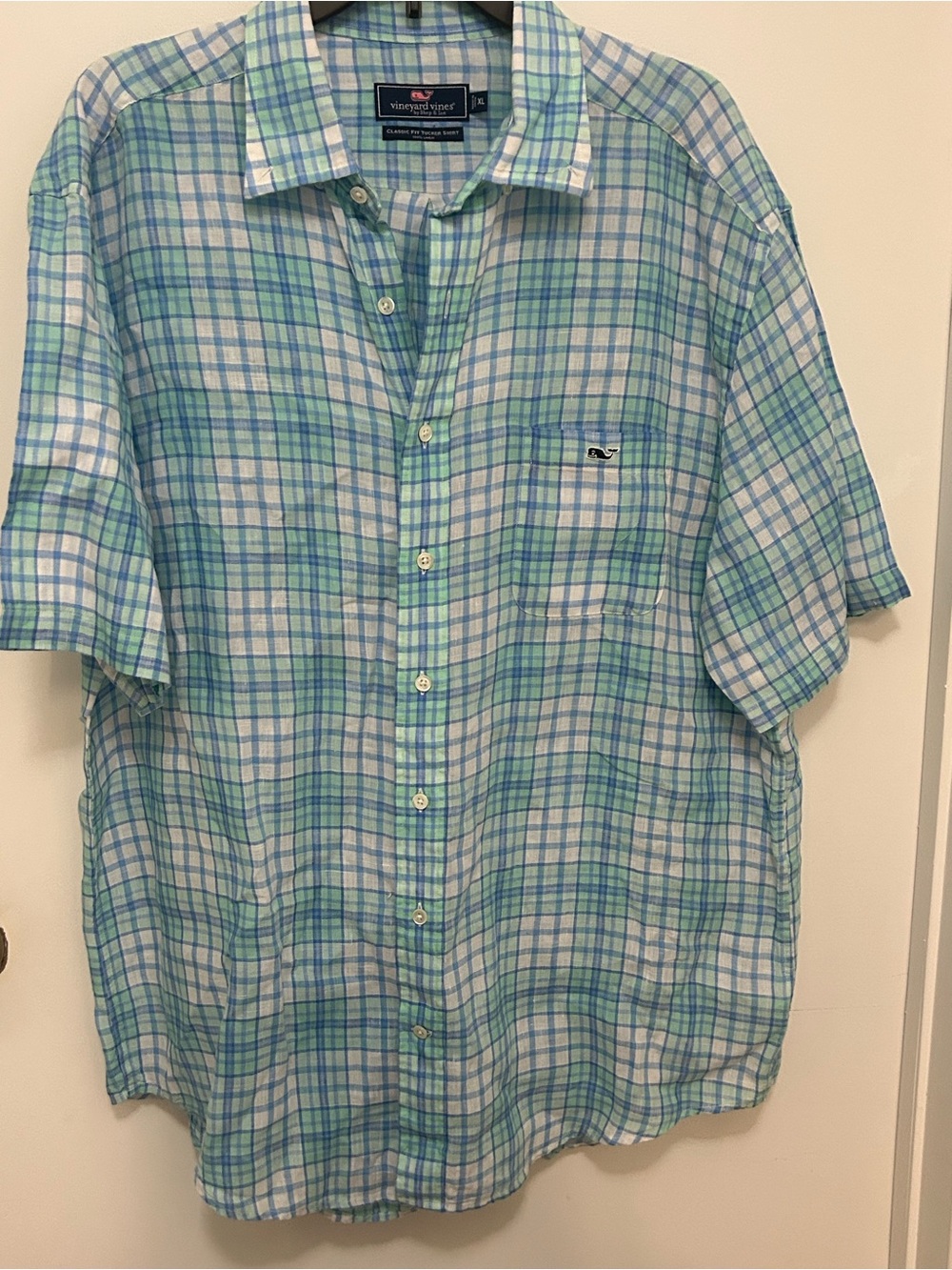 Vineyard Vines Green & Blue Plaid Short-Sleeve Button-Down Shirt 100% linen